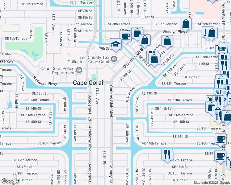 map of restaurants, bars, coffee shops, grocery stores, and more near 912 Southeast 13th Street in Cape Coral
