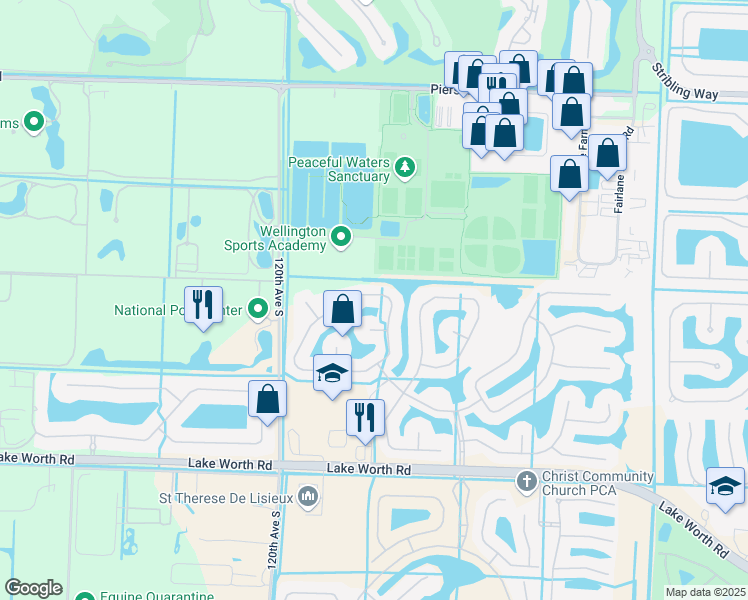 map of restaurants, bars, coffee shops, grocery stores, and more near 3605 Miramontes Circle in Wellington