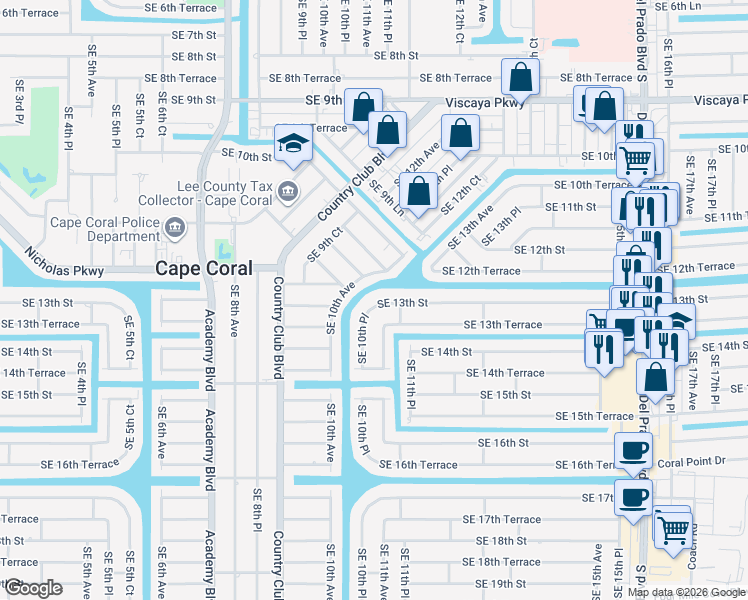 map of restaurants, bars, coffee shops, grocery stores, and more near 1301 Southeast 10th Place in Cape Coral