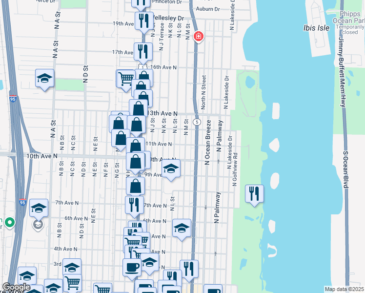 map of restaurants, bars, coffee shops, grocery stores, and more near 1016 North L Street in Lake Worth