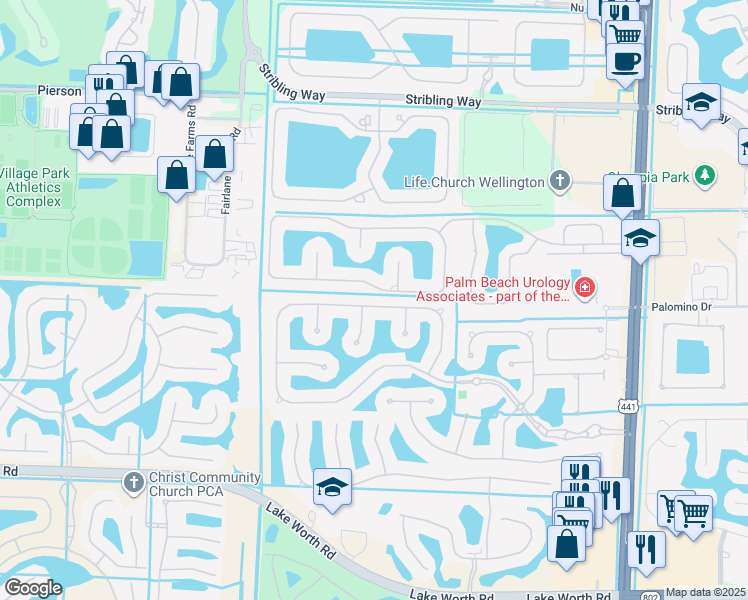 map of restaurants, bars, coffee shops, grocery stores, and more near 10703 Versailles Boulevard in Wellington