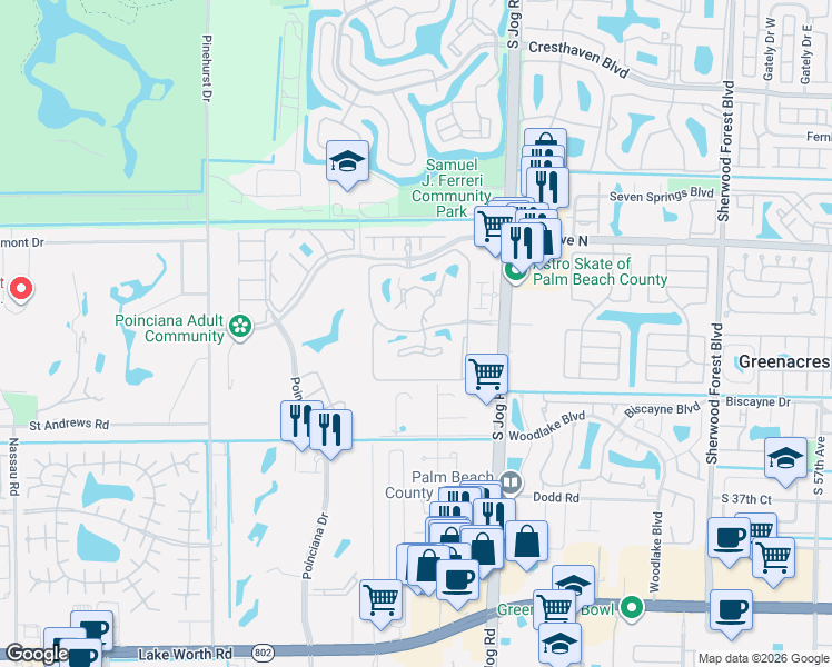 map of restaurants, bars, coffee shops, grocery stores, and more near 3346 Lucerne Park Drive in Greenacres