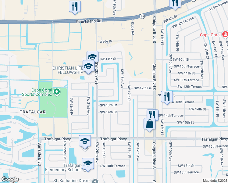 map of restaurants, bars, coffee shops, grocery stores, and more near 18th Court in Cape Coral