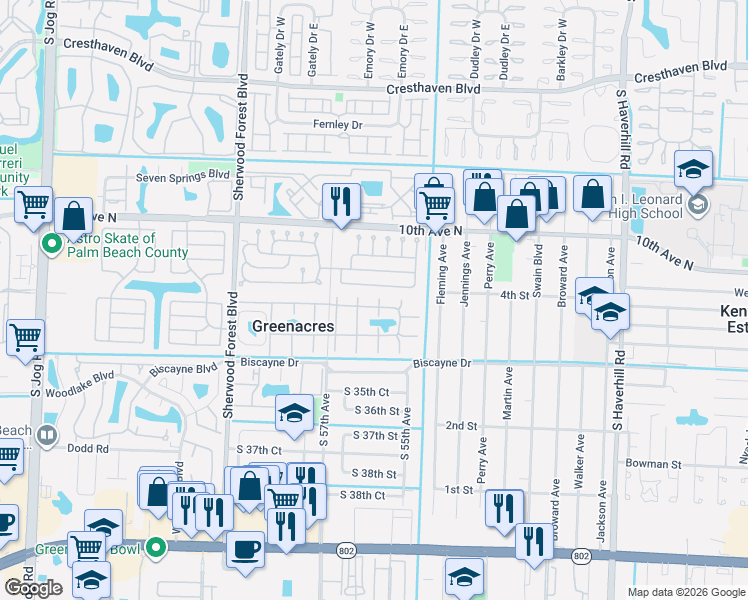 map of restaurants, bars, coffee shops, grocery stores, and more near 340 Pine Ridge Circle in Greenacres