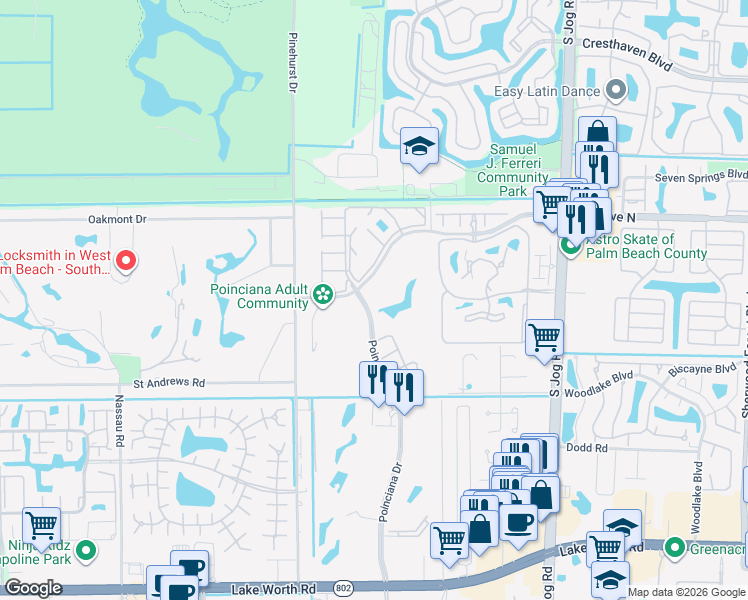 map of restaurants, bars, coffee shops, grocery stores, and more near 6765 Wheaton Lane in Lake Worth