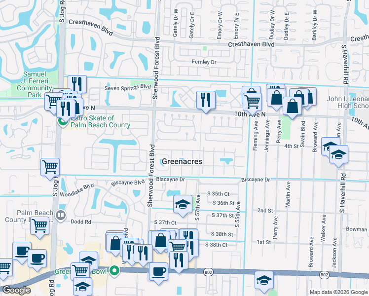 map of restaurants, bars, coffee shops, grocery stores, and more near 5795 La Pinata Boulevard in Greenacres