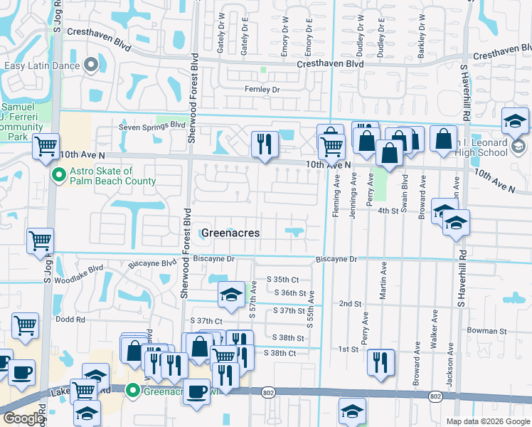 map of restaurants, bars, coffee shops, grocery stores, and more near 343 Pine Ridge Circle in Greenacres
