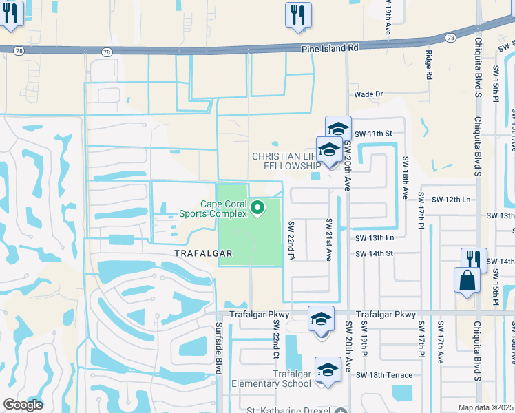 map of restaurants, bars, coffee shops, grocery stores, and more near 1410 Sports Boulevard in Cape Coral