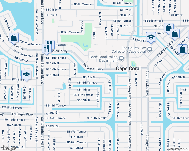 map of restaurants, bars, coffee shops, grocery stores, and more near 415 Southeast 13th Terrace in Cape Coral