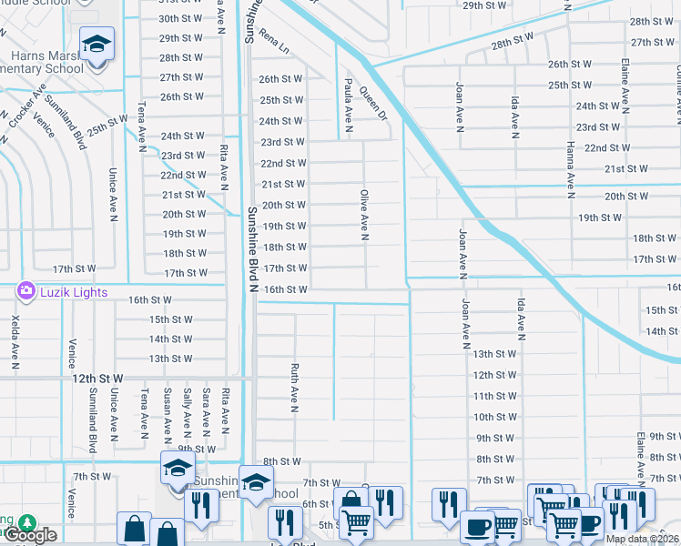 map of restaurants, bars, coffee shops, grocery stores, and more near 3209 17th Street West in Lehigh Acres