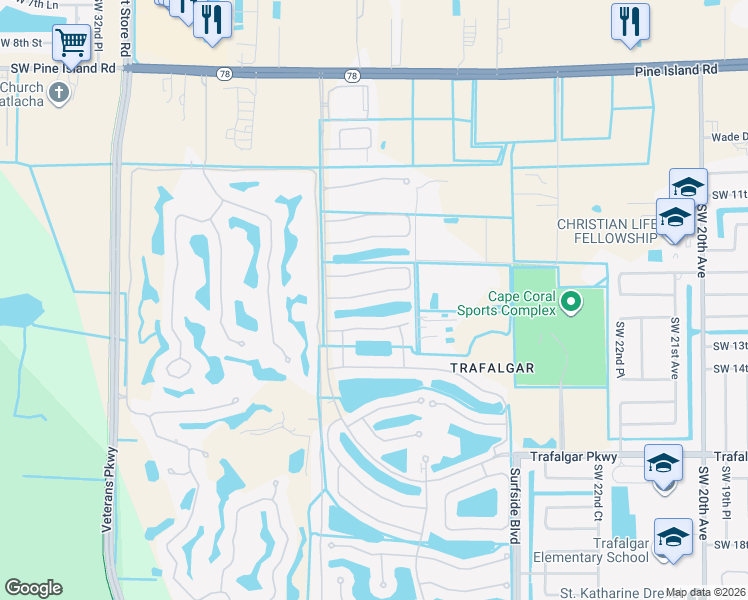 map of restaurants, bars, coffee shops, grocery stores, and more near 2630 Vareo Court in Cape Coral