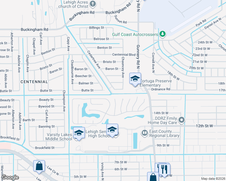 map of restaurants, bars, coffee shops, grocery stores, and more near 4536 Varsity Circle in Lehigh Acres