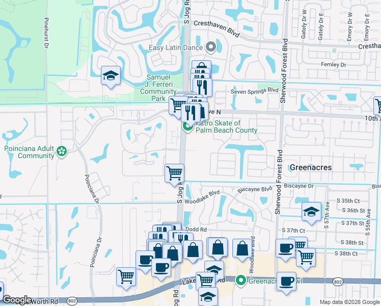 map of restaurants, bars, coffee shops, grocery stores, and more near 3400 Jog Road in Greenacres