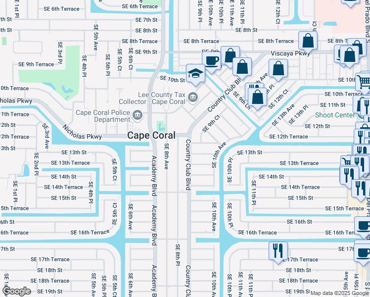 map of restaurants, bars, coffee shops, grocery stores, and more near 1301 Southeast 8th Place in Cape Coral