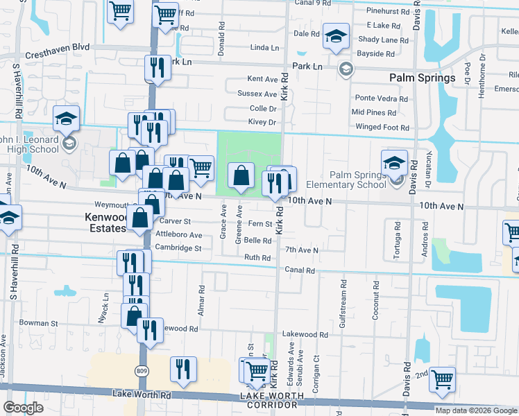 map of restaurants, bars, coffee shops, grocery stores, and more near 4065 Fern Street in Lake Worth Beach