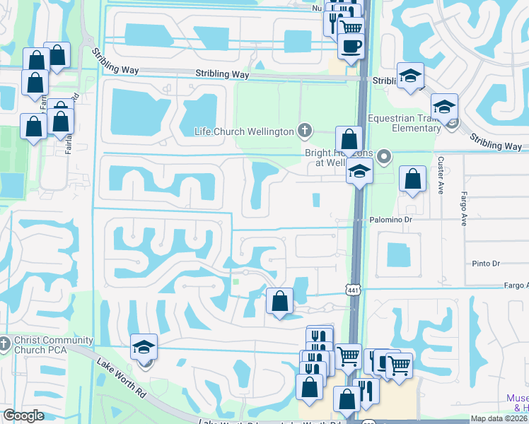 map of restaurants, bars, coffee shops, grocery stores, and more near 3488 Collonade Drive in Wellington