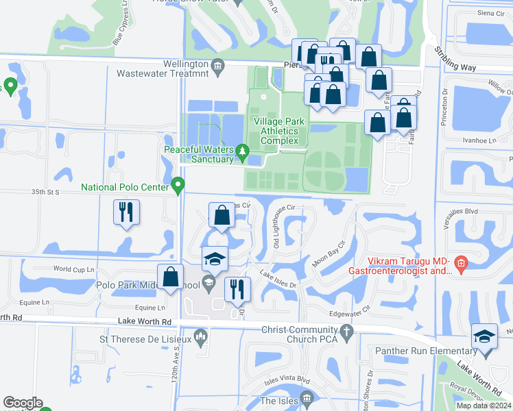 map of restaurants, bars, coffee shops, grocery stores, and more near 3580 Miramontes Circle in Wellington