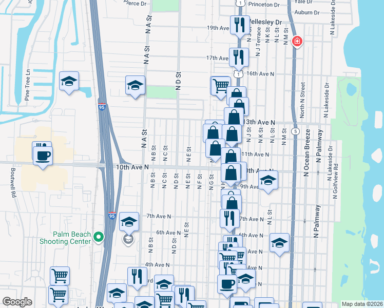 map of restaurants, bars, coffee shops, grocery stores, and more near 1011 North E Street in Lake Worth