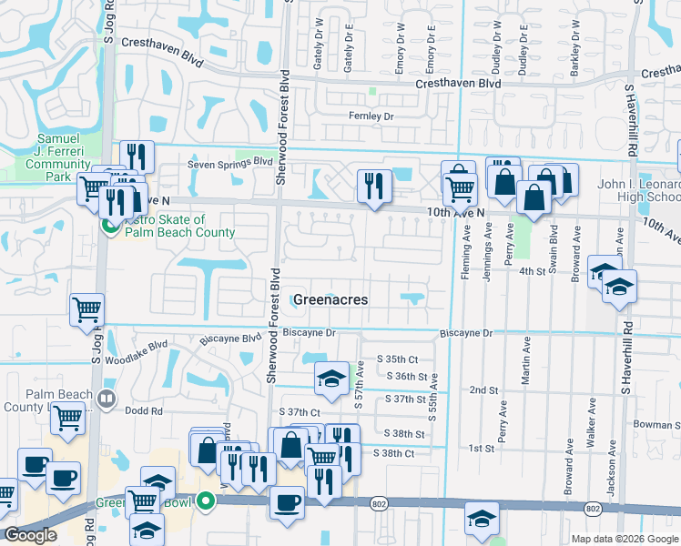 map of restaurants, bars, coffee shops, grocery stores, and more near 3487 La Pinata Boulevard in Greenacres