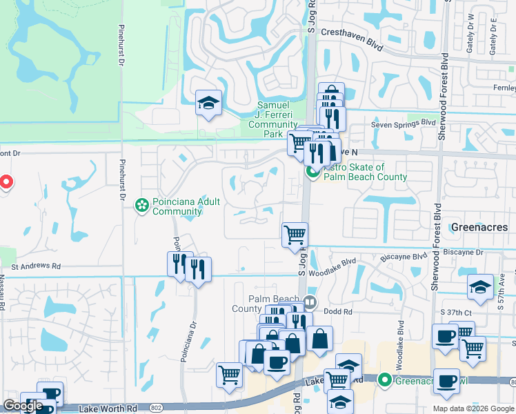 map of restaurants, bars, coffee shops, grocery stores, and more near 3346 Lucerne Park Drive in Greenacres