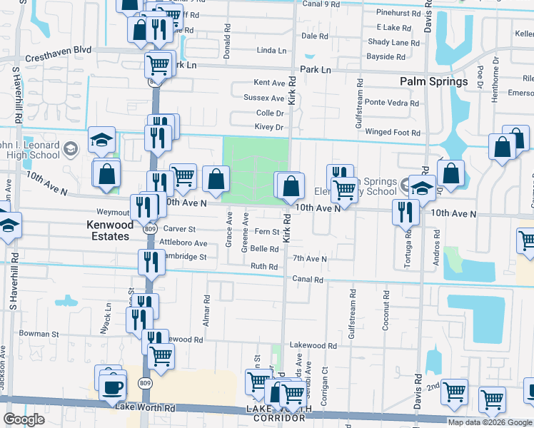 map of restaurants, bars, coffee shops, grocery stores, and more near in Lake Worth Corridor