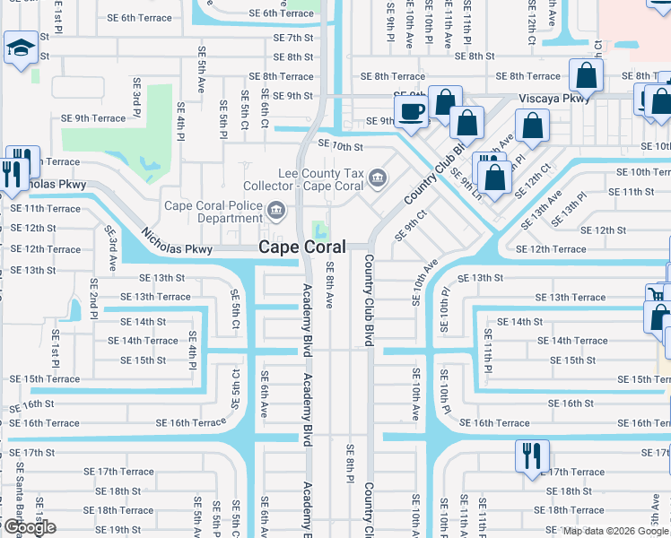 map of restaurants, bars, coffee shops, grocery stores, and more near 804 Nicholas Parkway East in Cape Coral