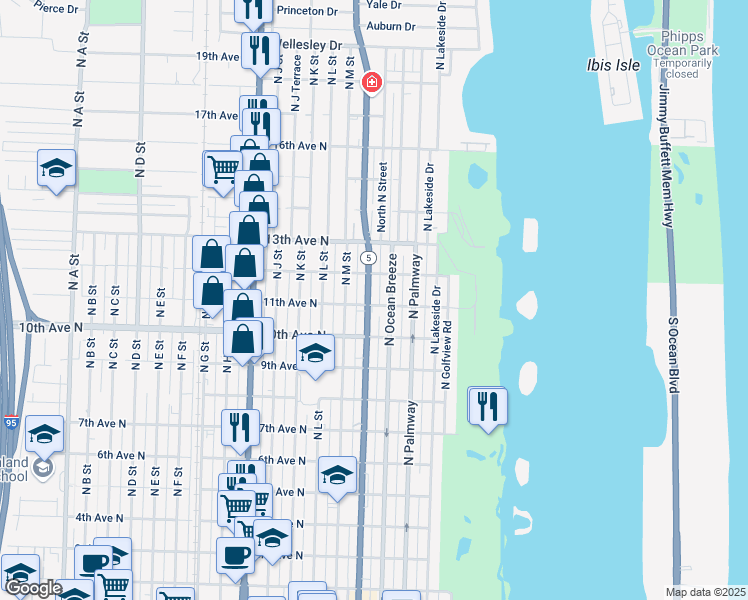 map of restaurants, bars, coffee shops, grocery stores, and more near 1131 North Federal Highway in Lake Worth