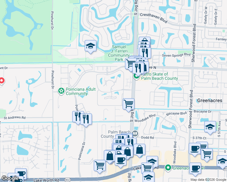 map of restaurants, bars, coffee shops, grocery stores, and more near 3200 Jog Road in West Palm Beach