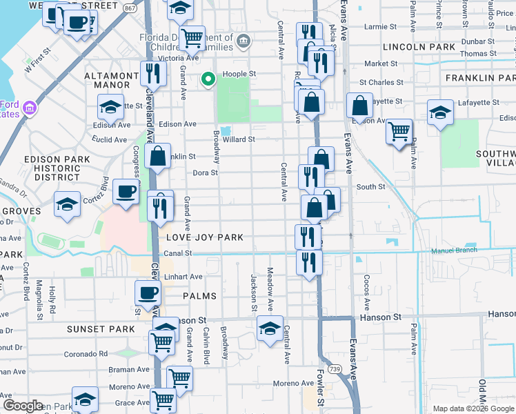 map of restaurants, bars, coffee shops, grocery stores, and more near 2344 South Street in Fort Myers