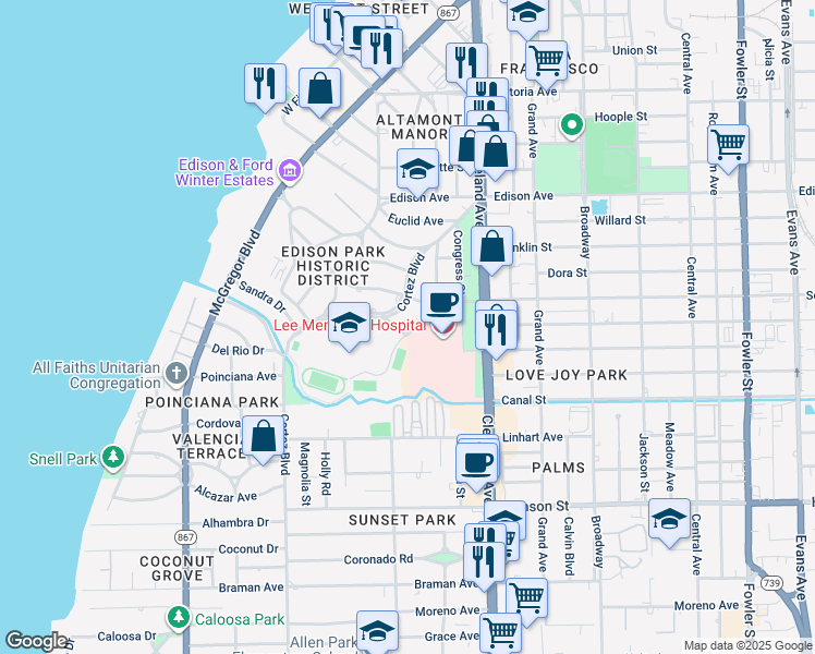 map of restaurants, bars, coffee shops, grocery stores, and more near 2606 Cortez Boulevard in Fort Myers