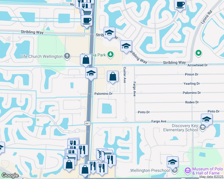map of restaurants, bars, coffee shops, grocery stores, and more near 9885 Palomino Drive in Wellington