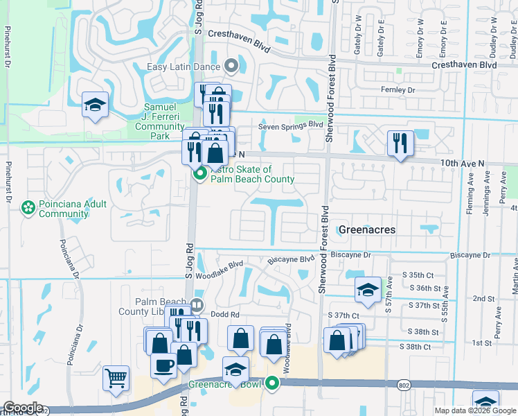 map of restaurants, bars, coffee shops, grocery stores, and more near 6211 Red Cedar Circle in Greenacres