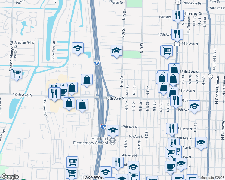 map of restaurants, bars, coffee shops, grocery stores, and more near 1729 11th Avenue North in Lake Worth