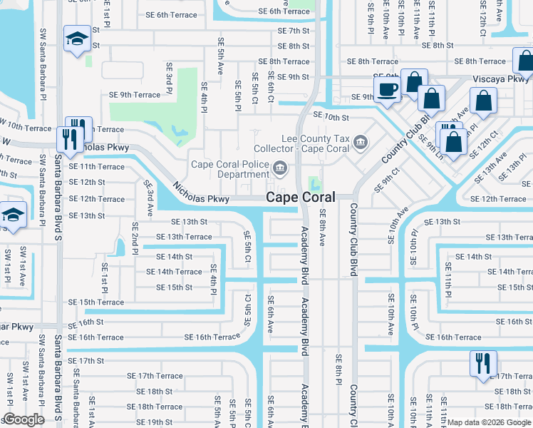 map of restaurants, bars, coffee shops, grocery stores, and more near 606 Nicholas Parkway East in Cape Coral