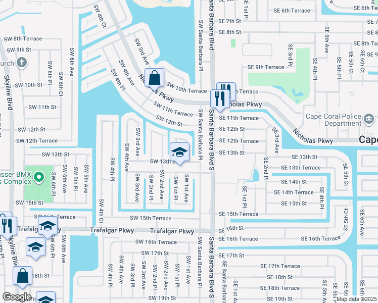 map of restaurants, bars, coffee shops, grocery stores, and more near 1217 Southwest 1st Avenue in Cape Coral