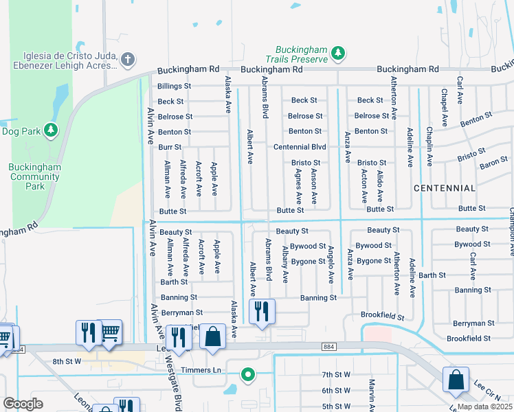 map of restaurants, bars, coffee shops, grocery stores, and more near 1014 Albert Avenue in Lehigh Acres