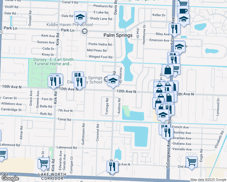 map of restaurants, bars, coffee shops, grocery stores, and more near 10th Ave N & Davis Rd in Lake Worth