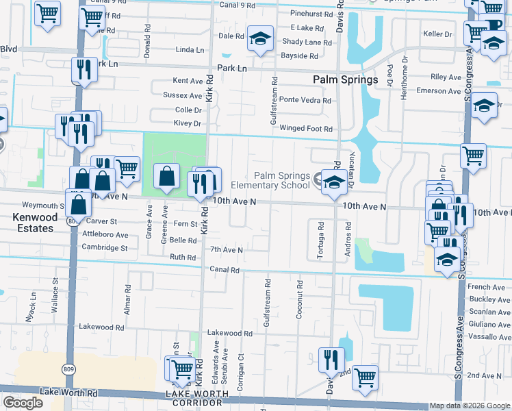 map of restaurants, bars, coffee shops, grocery stores, and more near 3751 10th Avenue North in Lake Worth
