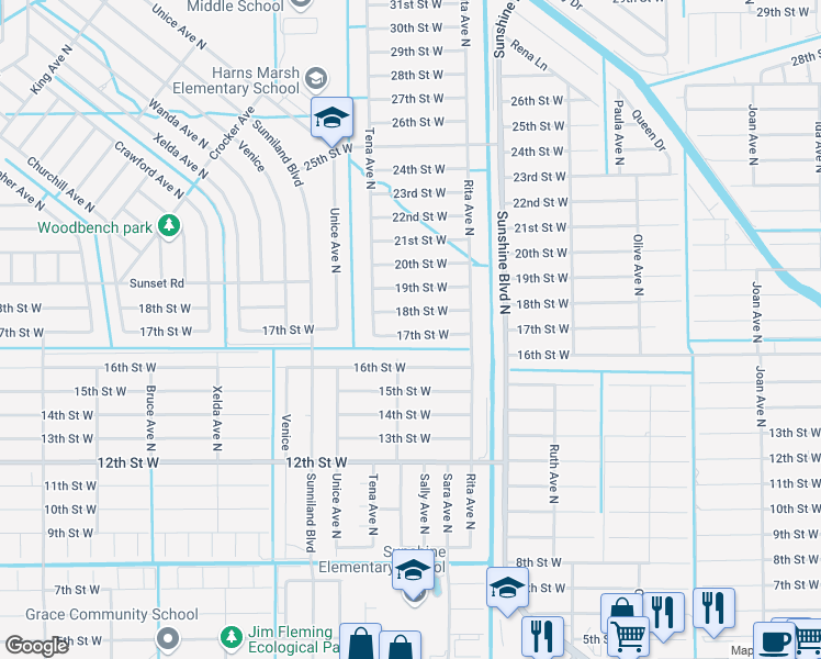 map of restaurants, bars, coffee shops, grocery stores, and more near 3414 17th Street West in Lehigh Acres