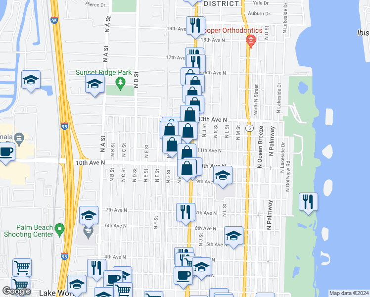 map of restaurants, bars, coffee shops, grocery stores, and more near 912 11th Avenue North in Lake Worth