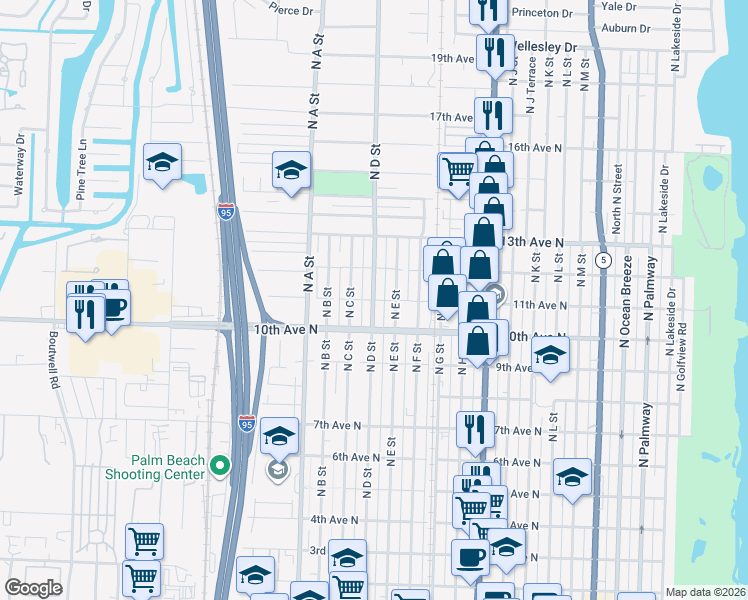 map of restaurants, bars, coffee shops, grocery stores, and more near North D Street in Lake Worth