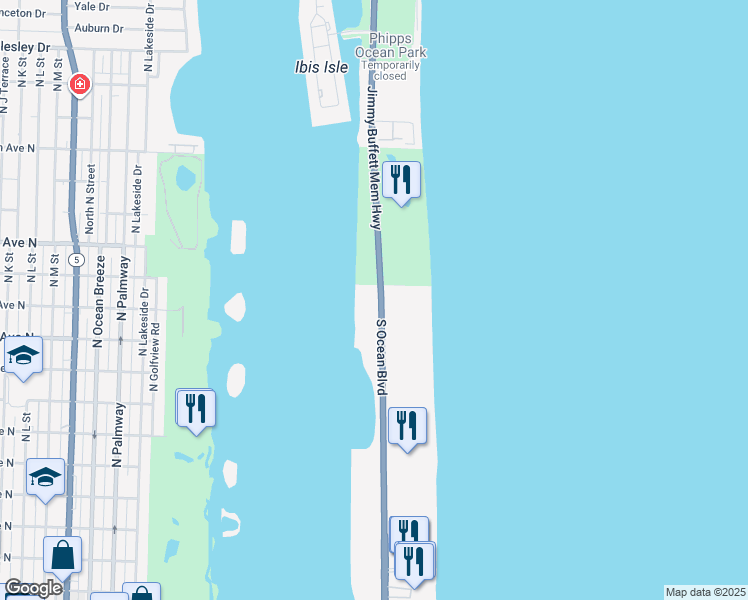 map of restaurants, bars, coffee shops, grocery stores, and more near 2500 South Ocean Boulevard in Palm Beach