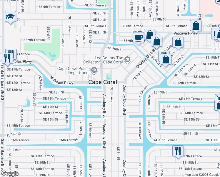 map of restaurants, bars, coffee shops, grocery stores, and more near 804 Nicholas Parkway East in Cape Coral