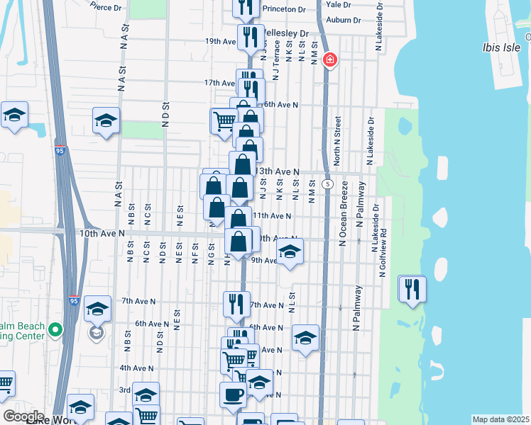 map of restaurants, bars, coffee shops, grocery stores, and more near 1121 North K Street in Lake Worth