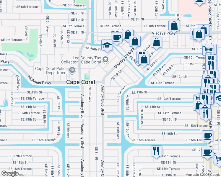 map of restaurants, bars, coffee shops, grocery stores, and more near 1003 Southeast 12th Terrace in Cape Coral
