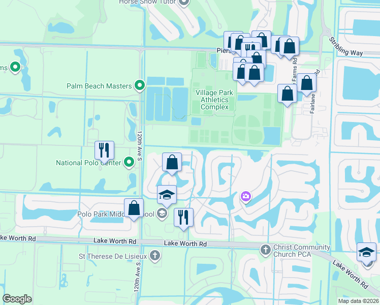 map of restaurants, bars, coffee shops, grocery stores, and more near 3596 Miramontes Circle in Wellington