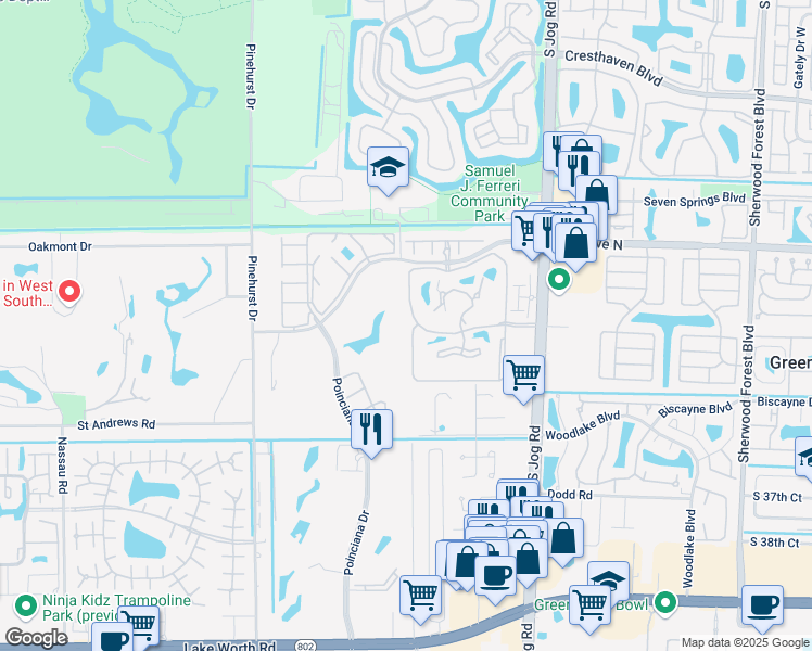 map of restaurants, bars, coffee shops, grocery stores, and more near 3225 Jog Park Drive in Greenacres