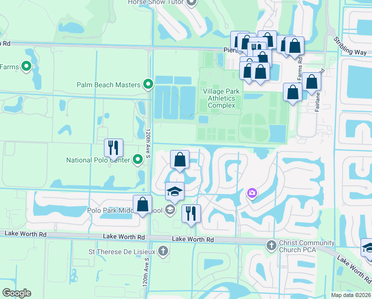 map of restaurants, bars, coffee shops, grocery stores, and more near 3624 Miramontes Circle in Wellington