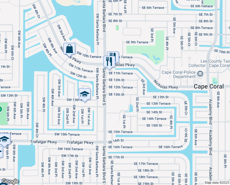 map of restaurants, bars, coffee shops, grocery stores, and more near 110 Southeast 12th Terrace in Cape Coral