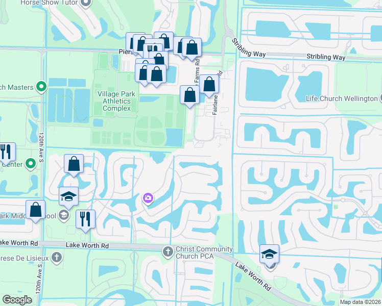 map of restaurants, bars, coffee shops, grocery stores, and more near 11163 Narragansett Bay Court in Wellington